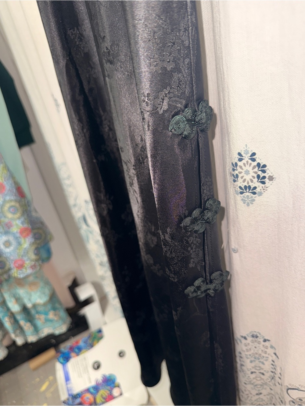 🔥Vintage 90s Erika Taylor Intimates Black Satin Jacquard Cheongsam Slip Dress 🔥 - Picture 2 of 5